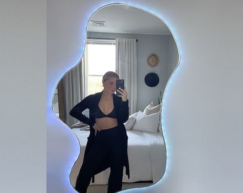 Tufted Mirror Wall Decor for Living Room Decorative Wavy - Etsy Asymmetrical Mirror Bedroom, Full Body Squiggle Mirror, Curvy Full Body Mirror, Swirly Mirror, Unique Mirror Frame Ideas, Assymetrical Mirror, Wavy Mirror Aesthetic, Wavy Mirrors, Wavy Mirror Decor