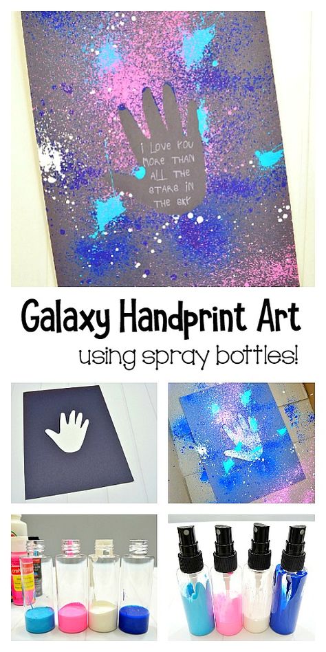 Galaxy Handprint Art for Kids: Process Art Resist Technique Using spritzer or spray bottles. Great for Mother's Day or Father's Day or just for fun! Messy Art, Daycare Crafts, Art Activities For Kids, Handprint Art, Galaxy Art, Fathers Day Crafts, Kid Crafts, Mothers Day Crafts, Preschool Art