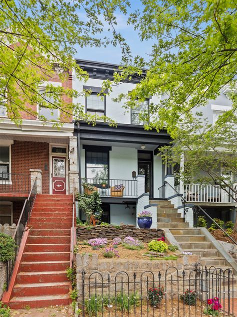 Rowhouse Renovation, Dc Rowhouse, Washington Dc Houses, Dc House, Double Glass Doors, Cast Iron Tub, Cast Iron Radiators, Concrete Steps, Farm Sink