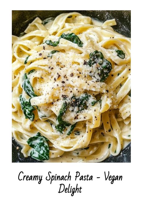 Looking for a delicious pasta dish that’s perfect for weeknights? Try this creamy vegan spinach pasta—a wholesome, plant-based dinner that’s ready in no time! Vegan Ricotta Pasta, Vegan Italian Recipes Dinners, Vegan Creamy Pasta Recipes, Vegan Spinach Pasta, Vegan Creamy Pasta, Vegan Pasta Dishes, Creamy Spinach Pasta, Meatless Pasta Recipes, Spinach Pasta Recipe