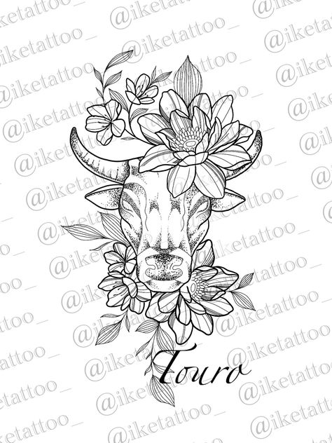 Feminine Goat Tattoo, Bull With Flowers Tattoo Design, Taurus With Flowers Tattoo, Bull Taurus Tattoo For Women, Bull And Roses Tattoo, Feminine Bull Tattoo Taurus, Pisces Tattoo Drawing, Bull With Roses Tattoo, Bull And Flowers Tattoo