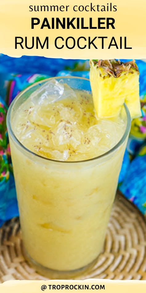 A creamy rum cocktail with pineapple and coconut flavors. Very refreshing and easy to make in big batches - which is perfect for summer cocktails! Cheers! Pineapple Painkiller Drink, Rum And Coconut Drinks, Pineapple Batch Cocktail, Simple Punch Recipe Alcoholic, Pineapple And Coconut Rum Drinks, Pineapple And Rum Drinks, Drinks With Pineapple Rum, Pineapple Rum Drinks Recipes, Birthday Mixed Drinks Recipes