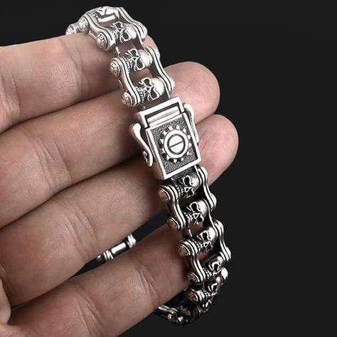 Sterling Silver Motorcycle Chain Skull Biker Bracelet – Sinister Silver Co. Motorcycle Chain Bracelet, Silver Motorcycle, Mens Sterling Silver Jewelry, Biker Bracelet, Biker Chain, Motorcycle Chain, Cowgirl Bling, Biker Jewelry, Heavy Chain