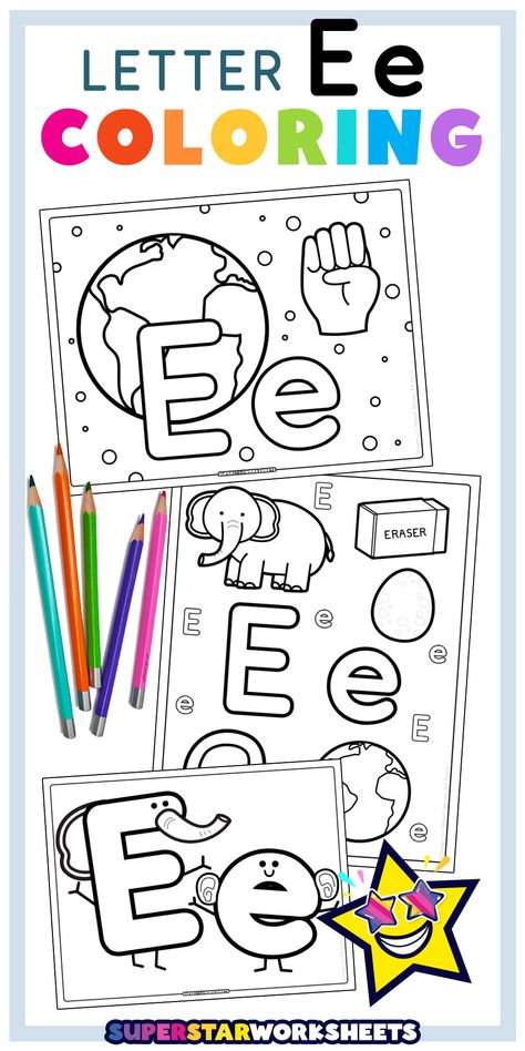 Our free letter E coloring pages and printables include uppercase and lowercase letters for students beginning their alphabet journey. #superstarworksheets #earth #elephant #abcs #lore #bubble Free Alphabet Chart, Letter A Coloring Pages, Geography Worksheets, Kids Printables, Homeschool Board, Spelling Worksheets, Alphabet Practice, Learn Sign Language, Free Printable Letters