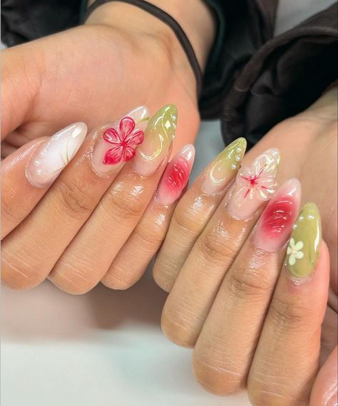 clawsbychels on insta Almond Summer Nail Ideas, Summer Green Nails, Nails Simple Summer, Summer Nails Simple, Simple Summer Nails, Summer Nails Summer, Summer Nails 2024, Nails Summer Nails, Hippie Nails