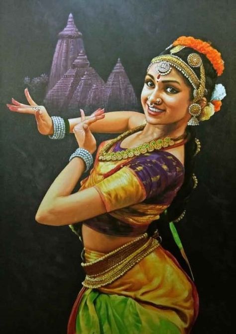 Oil And Acrylic Paintings On Canvas Of India Art And Artists Portrait Rangoli, Bharatanatyam Poses, Dance Of India, Dancer Painting, India Painting, Indian Women Painting, Indian Illustration, Dance Paintings, Village Girl