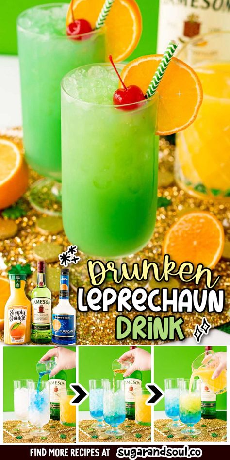 Drunken Leprechaun (Irish Screwdriver) - Sugar and Soul Green Shooters, Green Drinks Alcohol, St Patty Drinks, St Patty's Day Drinks, Green Alcoholic Drinks, Leprechaun Drink, Frozen Mixed Drinks, Leprechaun Cocktail, Green Cocktails