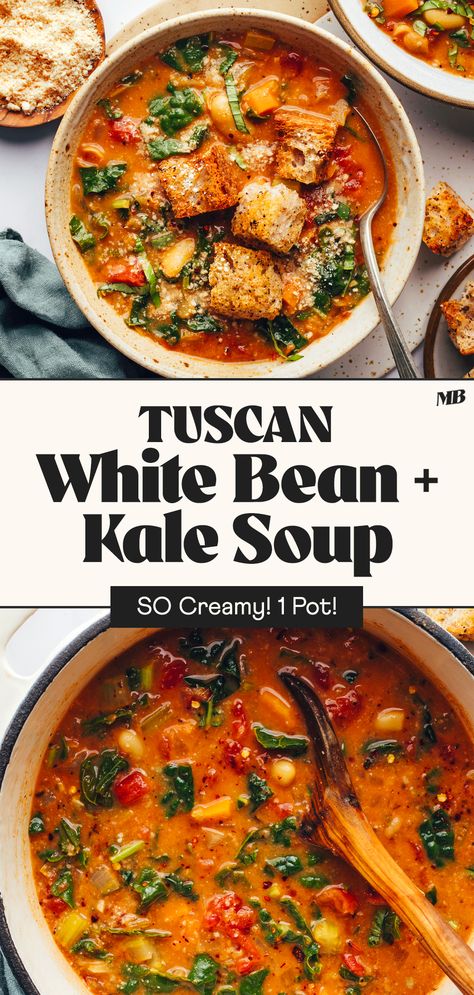 Comforting, creamy Tuscan-inspired soup with white beans, kale, tomatoes, and herbs! Warming, savory, hearty, and full of nourishing veggies and fiber-rich beans. Just 1 pot required! Tuscan Bean Soup With Kale, Hearty Italian White Bean Soup, Kale Tomato Soup, Dairy Free Tuscan Soup, Kale Butternut Squash White Bean Soup, Kale Veggie Soup, Leftover Kale Recipes, Soups With Fiber, Tuscan Bean And Kale Soup