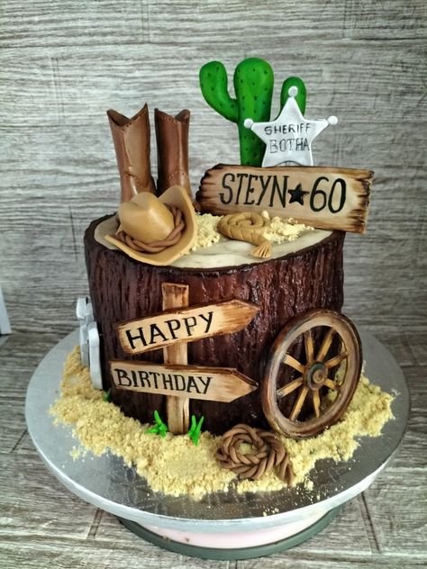 Western Themed Cakes For Men, Cowboy Birthday Theme For Men, 60th Birthday Cowboy Theme, Cake Designs Western, Country Western Birthday Cake, Cowboy 60th Birthday Party, Country Theme Birthday Cake, Cowboy Theme Cake For Men, Cowboy Birthday Cake For Men