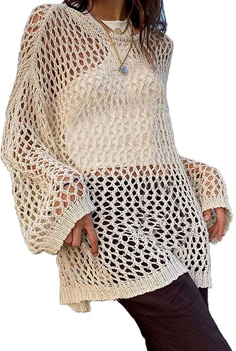 Women Hollow Out Crochet Sweater Vintage Fairycore Grunge Smock Knit Pullovers Fishnet Bathing Suit Cover Ups Swimwear at Amazon Women’s Clothing store Mesh Sweater, Stitch Crochet, Long Sleeve Knit Tops, Knit Crop Top, Knit Crop, Knit Pullover, Crochet Fashion, Crochet Sweater, Tops For Women