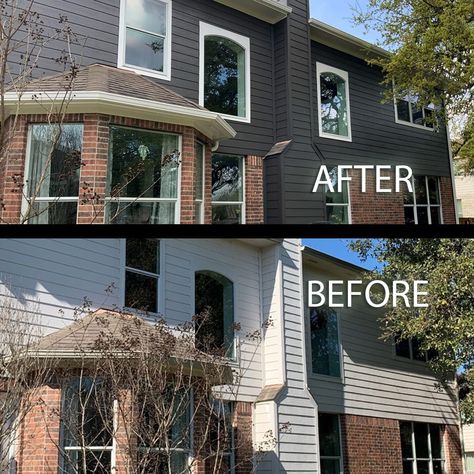 Grey Painted Brick House, Brick House Siding, Dark Siding, Brick Colonial House, Dark Exterior House, Red Brick House Exterior, Red Brick Exteriors, Exterior Siding Colors, Urbane Bronze