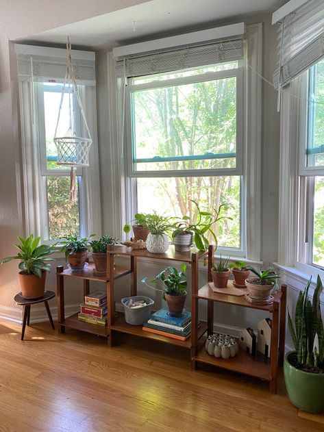 Bench With Plants Indoor, Plants Organization Indoor, Plant Table Indoor Window, Bay Window With Plants, Bay Window Plants, Plant Nook, Plant Organization, Plant Bench, Bay Window Table