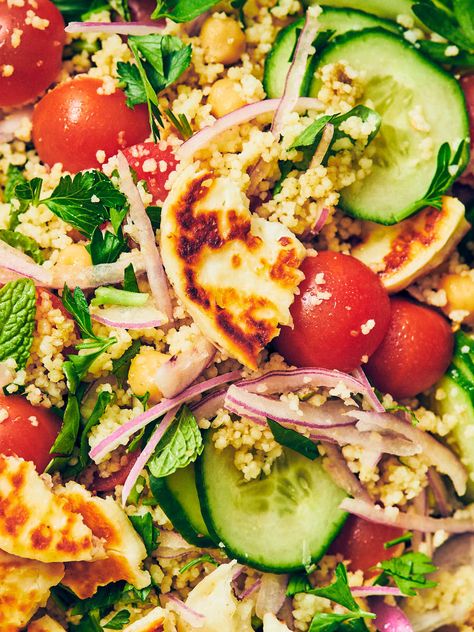 Halloumi Cous Cous Salad, Healthy Halloumi Salad, Herby Couscous With Halloumi, Greek Halloumi Recipes, Haloumi Salad Ideas, Halloumi Couscous, Seared Halloumi, Herb Couscous, Halloumi Cheese Recipes