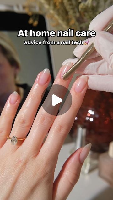 Amber Hancock on Instagram: "If you don’t get your nails done you can still maintain clean, healthy natural nails at home with this routine!🧼💅🏼 more details ⬇️   •Regularly file your nails💅🏼 not only does this improve the shape, but it can also make them stronger and healthier, therefore reducing the risk of chipping and snagging on clothes etc. Use a file a grit of 180 or above, using a course grit file could lead to breakages down the line.  •Use cuticle remover🧼 cuticle remover exfoliates your nail, breaking down the excess cuticle and dry skin stuck to your nail plate. It’ll soften the surrounding area and make the whole process of cuticle removal a whole lot easier.   •Pushing back the proximal nail fold & removing cuticle💫 you don’t need to do this more than 2x a week. Regular How To Take Care Of Natural Nails, How To Do Cuticles At Home, How To Clean Up Cuticles, Cleaning Nails At Home, Cuticle Removal Video, At Home Cuticle Care, How To File Natural Nails, How To Clean Cuticles At Home, How To Push Back Cuticles