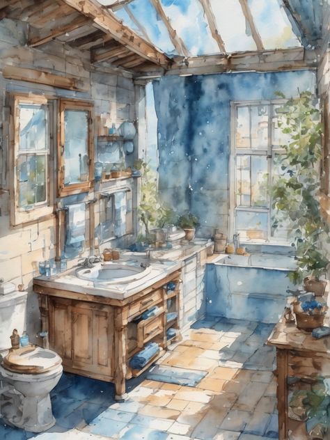 Cute vintage bathroom,light blue color scheme, AI art, Watercolor painting, landscape art Bathroom Light Blue, Watercolor Furniture, Interior Design Watercolor, Light Blue Color Scheme, Watercolor Room, Vintage Bathroom Lighting, Watercolor Painting Landscape, Cute Bathroom, Enchanted Cottage