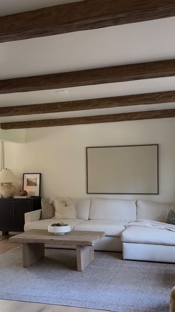 Wood Beam Trim, Wood Beam Low Ceiling, Wood Beams In Bedroom, Dark Wood Beams On Ceiling, Adding Beams To Ceiling, Fake Ceiling Beams, Wood Accent Ceiling, Beam Opening, Wood Beams On Ceiling