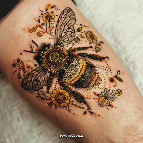 Bee Tattoo Vintage, Bumble Bee Half Sleeve Tattoo, Bff Bee Tattoos, Tattoo Ideas Bees And Flowers, Bee On Clover Tattoo, Honeycomb Tattoo Thigh, Bee Color Tattoo, Bumblebee Hand Tattoo, Orchid And Bee Tattoo