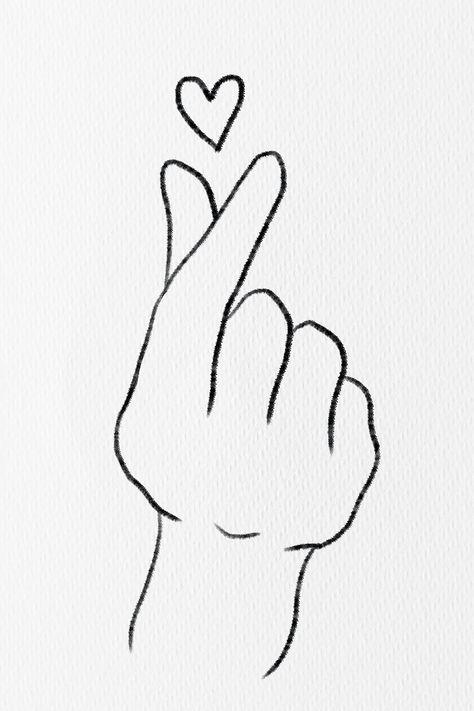 Mini heart hand sign in black and white | premium image by rawpixel.com / Adjima Oppa Hand Sign, Continuous Line Drawing Hand, Love Heart Drawing, Hands Making A Heart, Heart Hand Sign, Cute Heart Drawings, Hand Outline, Line Art Minimal, Black Line Art