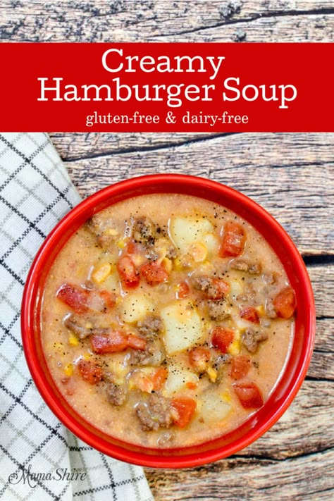 This creamy hamburger soup is perfect for a simple weeknight dinner. With directions for Instant Pot, slow cooker, or stove-top. Gluten-free and dairy-free. #glutenfreesoup #dairyfreesoup #creamyhamburgersoup #glutenfreedinners Creamy Hamburger Soup, Gluten Free Hamburger Recipes, Gluten Free Soup Recipes, Gf Soups, Gluten Free Lasagna, Dairy Free Soup, Hamburger Soup, Instant Pot Slow Cooker, Best Gluten Free Recipes