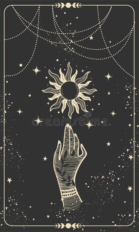 Tarot card with hand and sun. Magical boho design with stars, engraving stylization, witch cover in vintage design royalty free illustration Witch Wallpaper, The Sun Tarot, Boho Style Design, Hand Symbols, Witch Tattoo, Le Tarot, Witchy Wallpaper, Tarot Cards Art, Iphone Wallpaper Themes