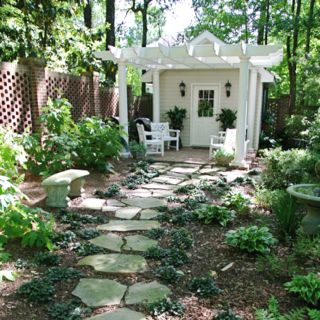 The perfect "at home" office or getaway! Garden Flagstone, White Shed, Cottage Landscaping, Fair Garden, Treehouse Ideas, Window Greenhouse, Flagstone Path, Paving Ideas, Backyard Dreams