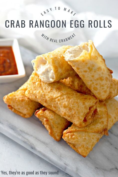 Crab Rangoon Egg Rolls will absolutely delight your tastebuds! Creamy crabmeat filling inside crispy fried wonton wrappers, these are a fun twist on the favorite crab rangoon. Crab Egg Rolls Air Fryer, Air Fryer Crab Rangoon Egg Rolls, Crab Rangoon Air Fryer, Egg Roll Wrapper Recipes, Crab Rangoon Egg Rolls, Crab Rangoon Filling, Fried Wonton, Crab Eggs, Egg Roll Wraps