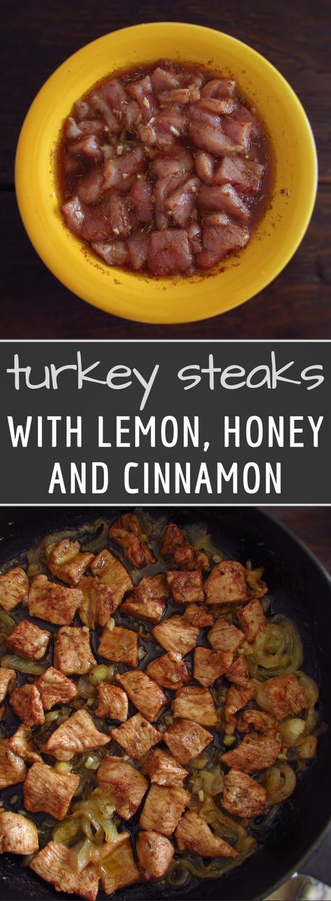 If you’re tired of making always the same meals, this turkey recipe is undoubtedly an excellent choice! It’s a bittersweet recipe aromatized with the delicious lemon, honey and cinnamon flavors! Try it, you’ll want to repeat… #recipe #turkey #steak #lemon #honey #cinnamon Turkey Steaks Recipes, Peru Recipes, Turkey Steak Recipes, Turkey Steaks, Cinnamon Food, Recipe For Turkey, Protein Recipe, Honey Cinnamon, Lemon Honey