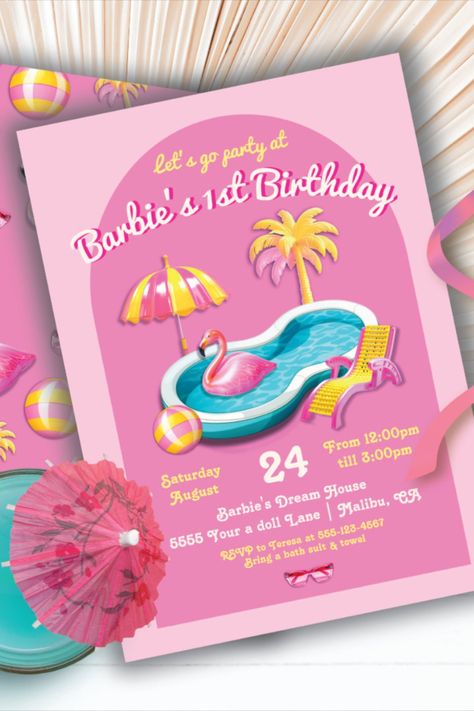 Malibu Beach Doll Retro Birthday Pool Party Invitation #birthday #happybirthday #birthdaycards #barbie Pink Backyard, Retro Pool Parties, Pink Birthday Party Invitations, Barbie Pool Party, Barbie Birthday Invitations, Barbie Invitations, Birthday Pool Party, Pool Birthday, Barbie Birthday Party