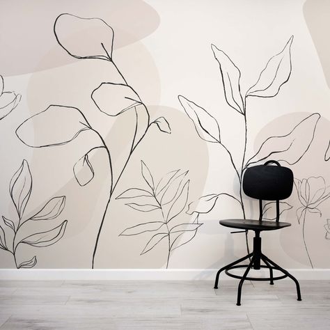 Dusty Botany Beige Neutral Botanical Floral Wallpaper Mural Black And White Flower Mural Wall, Modern Wall Mural Ideas, Wall Murals Minimalist, Elegant Mural Wall, Minimal Wall Painting Ideas, Simplistic Wall Mural, Line Drawing Wall Mural, Office Backdrop Wall, Sage Green Wall Mural