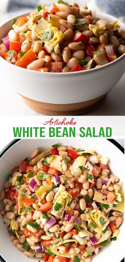 This fresh and flavorful Artichoke White Bean Salad Recipe is brimming with chopped artichokes, hearty beans and veggies, all tossed with a tangy homemade vinaigrette. White Bean Salad Recipes, Bell Pepper Salad, Homemade Vinaigrette, Artichoke Salad, Bean Salad Recipe, Fresh Summer Salad, A Spicy Perspective, White Bean Salad, Bean Salad Recipes