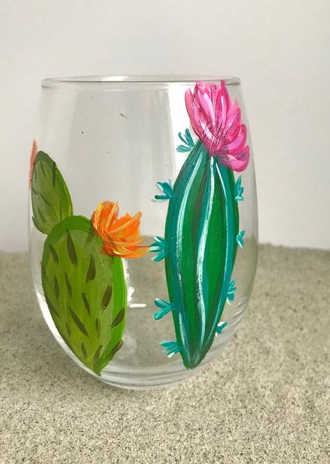 Painted Shot Glasses Diy, Wine Glass Painting, Jar Painting, Mason Jar Art, Glasses Inspo, Painting Steps, Flowering Cactus, Painting Stuff, Glass Painting Designs