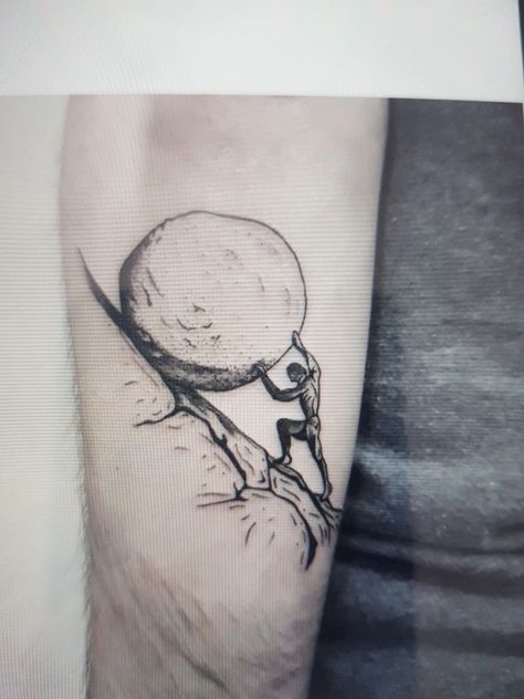 Myth Of Sysiphus Tattoo, Sisphyus Tattoo, Atlas Tattoo Simple, Myth Of Sisyphus Tattoo, Sisyphus Art, Philosophy Tattoo, Sisyphus Tattoo, Philosophy Tattoos, Atlas Tattoo