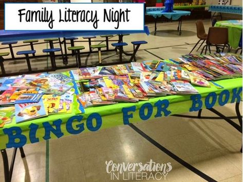 Bingo For Books- literacy night, back to school and open house activity School Wide Literacy Events, School Wide Reading Activities, Book Fair Family Night Ideas, Family Night Ideas For School, School Bingo Night Ideas, Wild About Reading Theme, Parent Engagement Ideas Schools, Bingo For Books, Family Literacy Night Activities