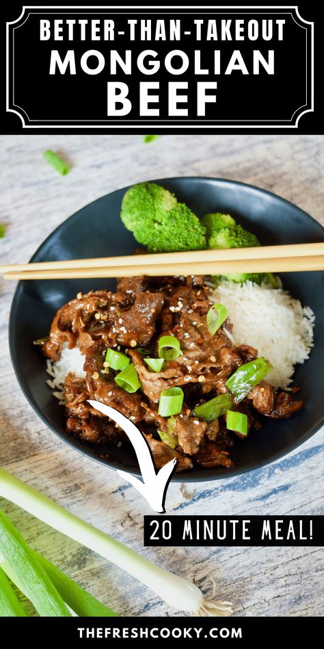 You will love this Mongolian beef recipe. Ready in 20 minutes, it is easy, quick and healthy. A shaved steak delicious stir-fry dish of tender beef coated in a slightly sweet and savory sauce. We love to serve it over steamed rice! A fantastic better-than-take-out recipe! Recipe and tips via @thefreshcooky Skirt Steak Recipes Asian, Skirt Beef Recipes, Shaved Steak Meal Prep, Shaved Steak Rice Bowl, Shaved Beef And Rice, Healthy Take Out, Meals With Shaved Steak, Shaved Steak Stir Fry, Recipes For Shaved Steak