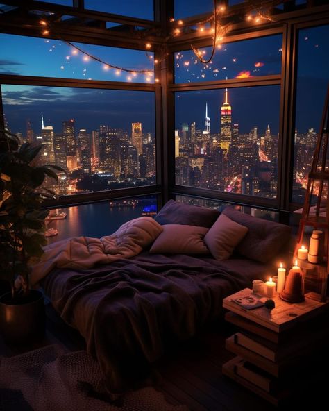 Room With City View At Night, City Apartment Aesthetic Bedroom, Winter Apartment Aesthetic, New York Apartment Window, New York Hotel Room Aesthetic, City Window Aesthetic, City View Apartment Night Window, Sky View Apartment, Luxury Apartment Bedroom