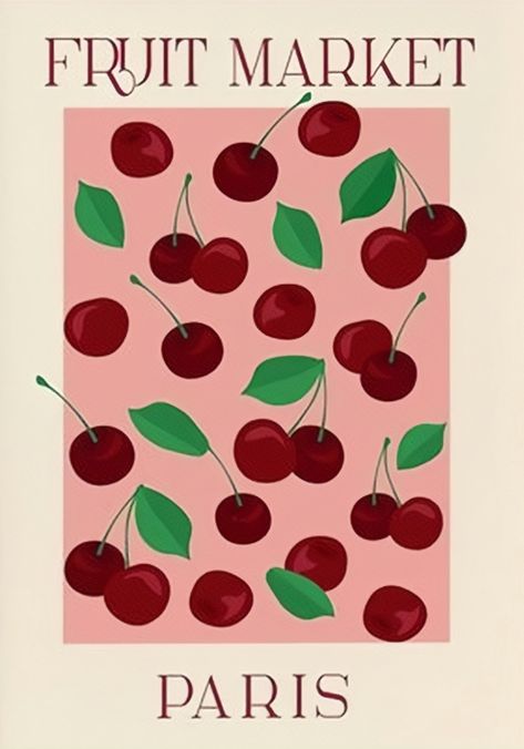 Fruit Market Cherry Poster, Cherry Poster Aesthetic, Cherry Themed Bedroom, Cherry Art Aesthetic, Fruit Market Aesthetic, Fruit Market Poster, Cherry Wall Art, Image Girly, Cherry Poster