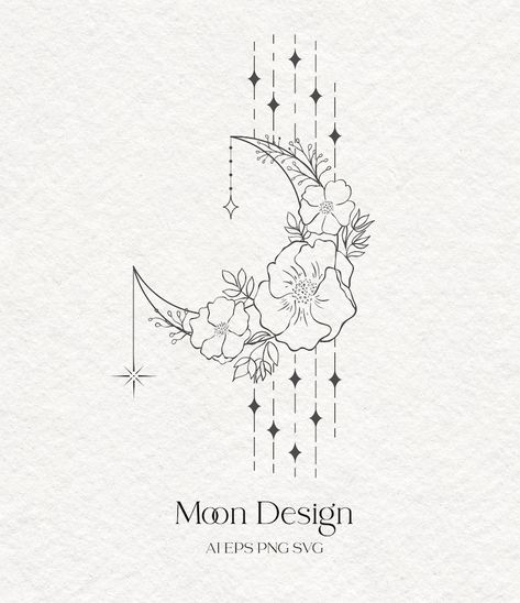 Flower Moon Crescent Phases Clipart Floral Flower - Etsy Australia Witchy Line Art, Moon Illustration Art, Flower Moon Tattoo, Drawn Wreath, Crescent Moon Art, Spiritual Tattoo, Tattoo Logo, Lunar Magic, Boho Branding