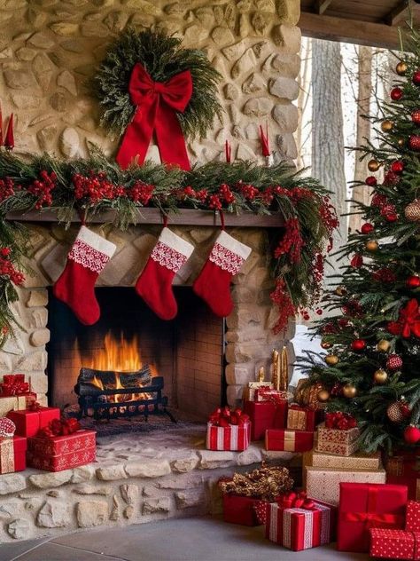 Brick Fireplace Christmas Decor, Fireplace Christmas Decorations, Xmas Fireplace, American Christmas, Christmas Dreaming, Christmas Fireplace Decor, Christmas Decor Inspiration, Christmas Mantel Decorations, Christmas Themes Decorations