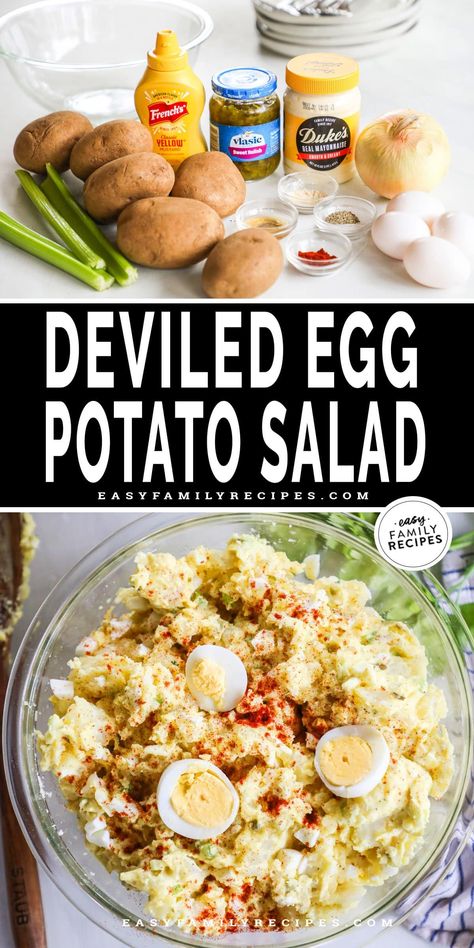 This tangy Deviled Egg Potato Salad is the ultimate side dish to any family picnic or potluck, combining a classic deviled egg recipe with a tangy potato salad. Its zingy flavor comes from mustard and vinegar paired with sweet pickle relish, eggs, crunchy veggies, and a creamy base. This potato side dish recipe is even better when chilled, as the flavors really come together. And the best part? You can make it ahead of time! Trust me, this is the best potato salad you'll ever taste! Egg Potato Salad, Deviled Egg Potato Salad, Egg Potato, Southern Potato Salad, Deviled Eggs Recipe Classic, Potato Salad With Egg, Bbq Side Dishes, Creamy Potato Salad, Delicious Family Meals