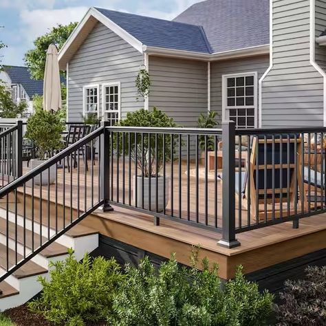 Iron Railings Outdoor, Deck Stair Railing, Stair Railing Kits, Deck Railing Systems, Aluminum Railing Deck, Deck Railing Design, Iron Stair Railing, Railings Outdoor, Aluminum Decking