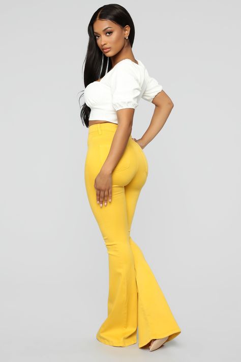 Mustard Yellow Pants Outfit, Yellow Bell Bottoms, Yellow Pants Outfit, Mustard Yellow Pants, Mustard Fashion, Yellow Pants, Fashion Nova Jeans, Bell Bottom, Pants Outfit