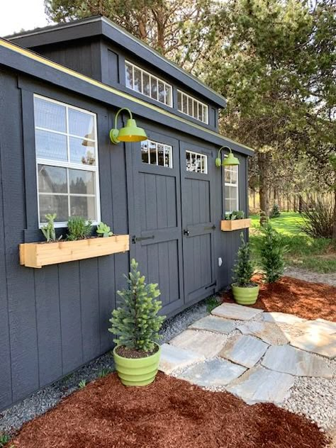 One Room Challenge - Modern Rustic Office - The Reveal black painted exterior #oneroomchallenge #exterior Paint Shed Black, Backyard Shed Colors Paint, Garden Shed Flooring Ideas, Cute Storage Shed, Black Garden Shed, Shed Colors Exterior, Dark Shed, Shed Paint Colours, Grey Shed