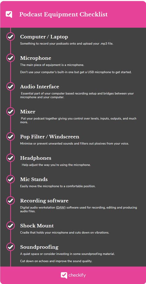 Podcast Equipment Home, Podcast Start Up Checklist, Podcast Equipment Checklist, Podcast Tips And Tricks, Podcast Segment Ideas, Podcast Topic Ideas, How To Create A Podcast, Start A Podcast Checklist, How To Make A Podcast