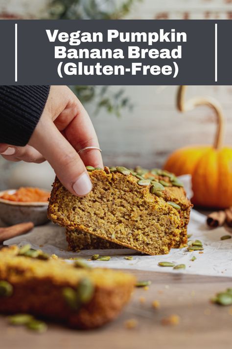 Vegan Pumpkin Banana Bread is a delicious twist on traditional banana bread. Made with only whole food plant-based ingredients, this gluten-free pumpkin banana bread is moist, sweet, and bursting with pumpkin spice flavor. #plantbasedideas #healthy #plantbasedrecipeshealthy #veganlifestyle #plantbasedeating #healthyplantbased #eating #plantbaseddinner #plantbaseddinnereasy #glutenfreeplantbasedrecipes #plantbased #glutenfree #vegan #recipes #easy #vegan #plantbased Vegan Pumpkin Banana Bread, Salt Free Recipes, Whole Food Desserts, Vegan Egg Substitute, Pumpkin Banana Bread, Breakfast Vegan, Plant Based Desserts, Pumpkin Seed Butter, Gluten Free Banana Bread