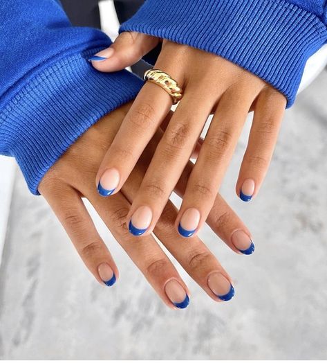 Blue French Tip Natural Nails, French With Blue Tips, Colored French Manicure Nails, Short Blue French Tip Nails, Royal Blue French Tips, French Tip On Short Nails, Tenerife Nails, Navy French Tip Nails, French Manicure Blue