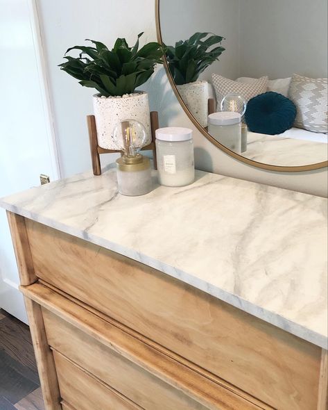 Marble Dresser, Diy Faux Marble, Marble Top Dresser, Marble Bedroom, Brown Dresser, Mid Century Dresser, Dresser Top, House Aesthetic, Marble Painting