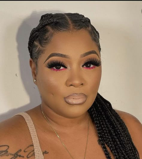 Eyeshadow Looks Under Eye, Soft Glam Valentine Makeup, Pink Undereye Makeup Looks, Prom Makeup Black Women Pink, Pink Makeup Look Black Women, Birthday Glam Makeup Black Women Pink, Dramatic Glam Makeup Black Women, Makeup With Pink Under Eye, Fuschia Makeup Black Women