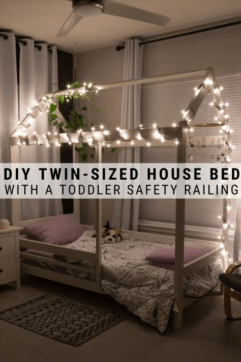 Ramona's DIY toddler house bed frame is an easy build that I modified to add a headboard, a footboard, and an easy toddler bed railings using 2x4s. House Bed Girls Room, Diy Toddler House Bed, Barn Bedroom, Big Girl Bed, Toddler House, Diy Toddler Bed, House Bed Frame, Toddler House Bed, House Beds For Kids