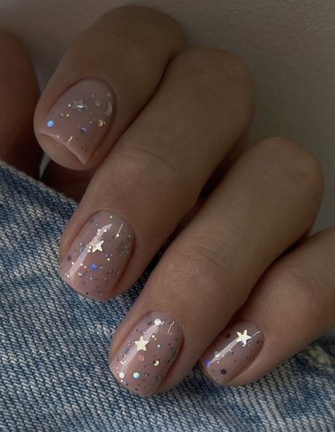 Speak Now Era Nails, Transparent Nails Short, Eras Manicure, Short Eras Tour Nails, Midnights Era Nails, Short Sparkle Nails, Mirrorball Nails, Star Glitter Nails, Folklore Nails