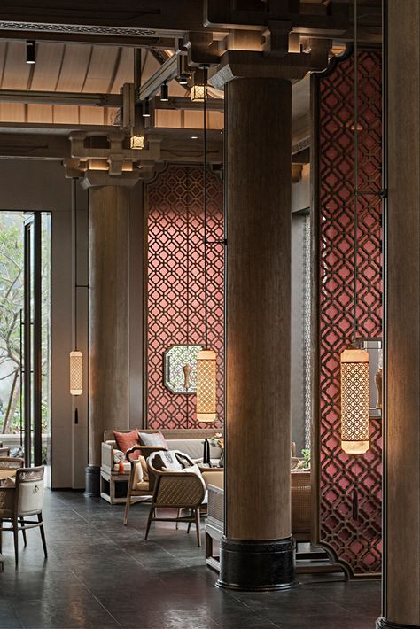 Chinese Hotel Design, Shanghai Interior Design, Chinese Roof Design, Modern Orientalism Interior, Chinese Restaurant Interior Design, Indochina Interior, Fabric Partition, Chinese Spa, Window Restaurant